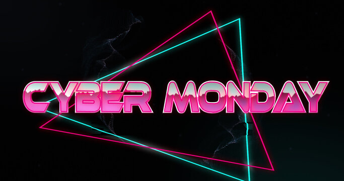 Image of cyber monday text in metallic pink letters with triangles