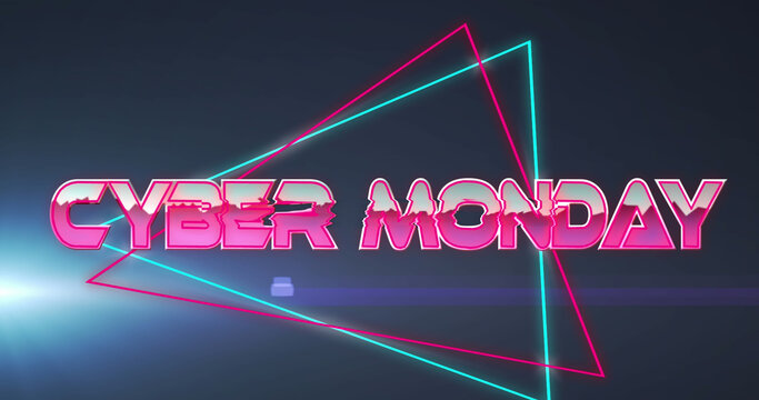Image of cyber monday text in metallic pink letters over neon triangles