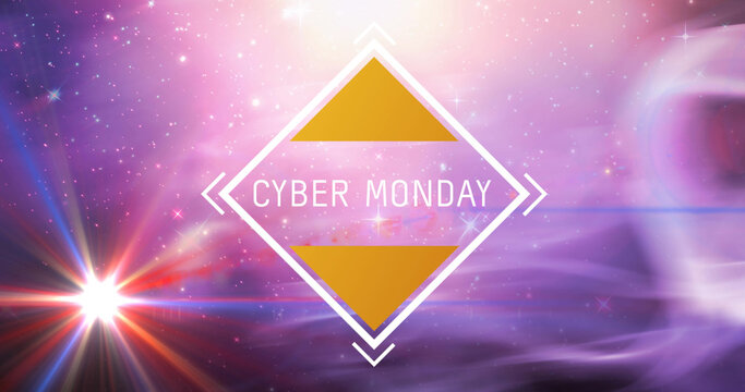 Image of cyber monday text in white frame over glowing pink to purple background