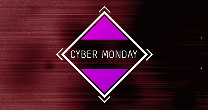 Image of cyber monday text in white frame over red lines on distressed background