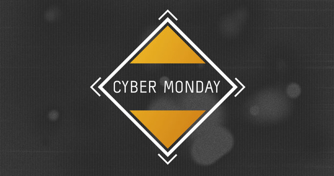 Image of cyber monday text in white frame over flickering spots on distressed background