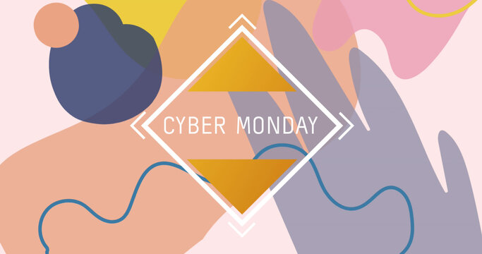 Image of cyber monday text in white frame over pastel abstract shapes on pink background