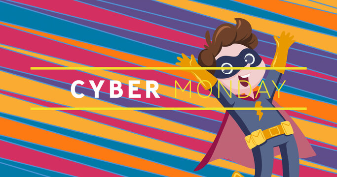 Image of cyber monday sale over superhero and multi coloured diagonal lines