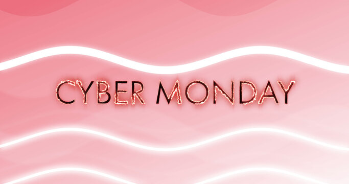 Image of cyber monday text in burning letters over waving white lines on pink background
