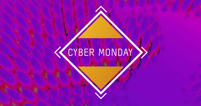 Image of cyber monday text in yellow diamond frame over rotating vibrant pink to green light tra