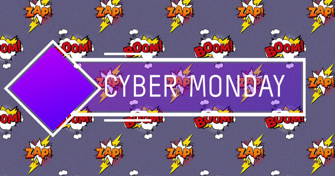 Cyber Monday text over boom and zap text on speech bubbles against purple background