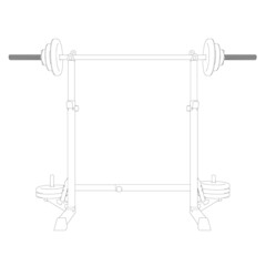 Contour of a barbell on a squat rack from black lines isolated on a white background. Front view. Vector illustration