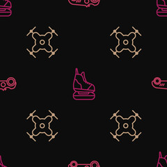 Set line Vintage sport racing car, Drone flying and Skates on seamless pattern. Vector
