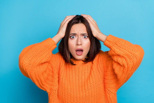 Portrait Of Attractive Overwhelmed Desperate Girl Bad News Reaction Fail Isolated Over Bright Blue Color Background