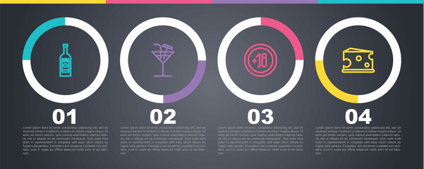Set line Glass bottle of vodka, Cocktail, Alcohol 18 plus and Cheese. Business infographic template. Vector