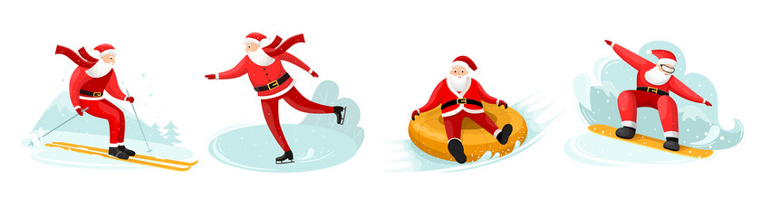 Santa Claus snowboarding, sliding from snowy hill on rubber circle. Skiing and ice skating character. Vector mixed media illustration isolated on white background. Winter sports.