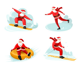 Santa Claus snowboarding, sliding from snowy hill on rubber circle. Skiing and ice skating character. Vector mixed media illustration isolated on white background. Winter sports.