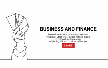 Hand holding of money banknotes, business concept in wealthy, rice, payment, cash, or trading- continuous line vector drawing.