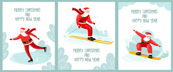 Christmas greeting cards with Santa Claus character. Winter sports. Ice Skating, skiing and snowboarding. Merry Christmas and Happy New Year lettering or typography. Vector illustration. - obrazy, fototapety, plakaty