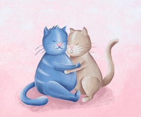 Loving couple of cute cats hugging. Happy Valentine's Day. Hand drawn  illustration suitable for banner, invitation, poster, greeting card.