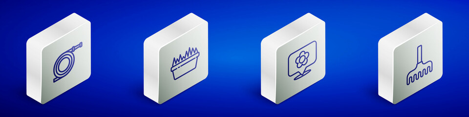 Set Isometric line Garden hose or fire hose, Fresh grass in rectangular, Location with flower and rake icon. Vector