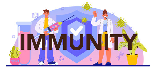 Immunity typographic header. Doctor in medical protective suit threatens
