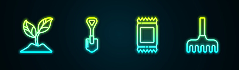 Set line Plant, Shovel, Fertilizer bag and Garden rake. Glowing neon icon. Vector