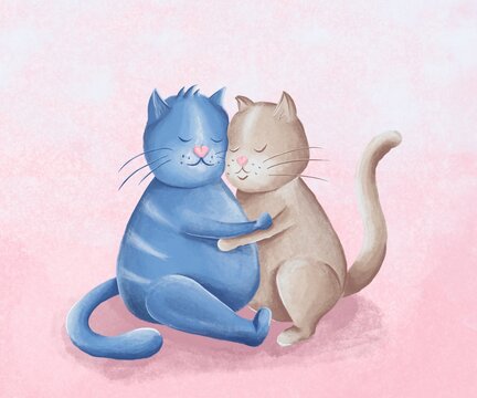 Loving couple of cute cats hugging. Happy Valentine's Day. Hand drawn  illustration suitable for banner, invitation, poster, greeting card.