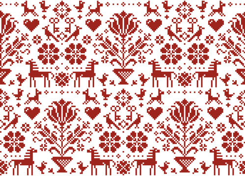 Retro cross-stitch vector pattern with horses, birds and flowers, background inspired by old German and Austrian style cross-stitch ornaments
