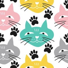 Seamless pattern with cute colorful faces of cats with paws. Vector design for textile, wrapping paper, wallpaper.