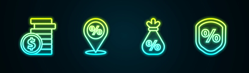 Set line Coin money with dollar, Location percent discount, Money bag and Loan. Glowing neon icon. Vector