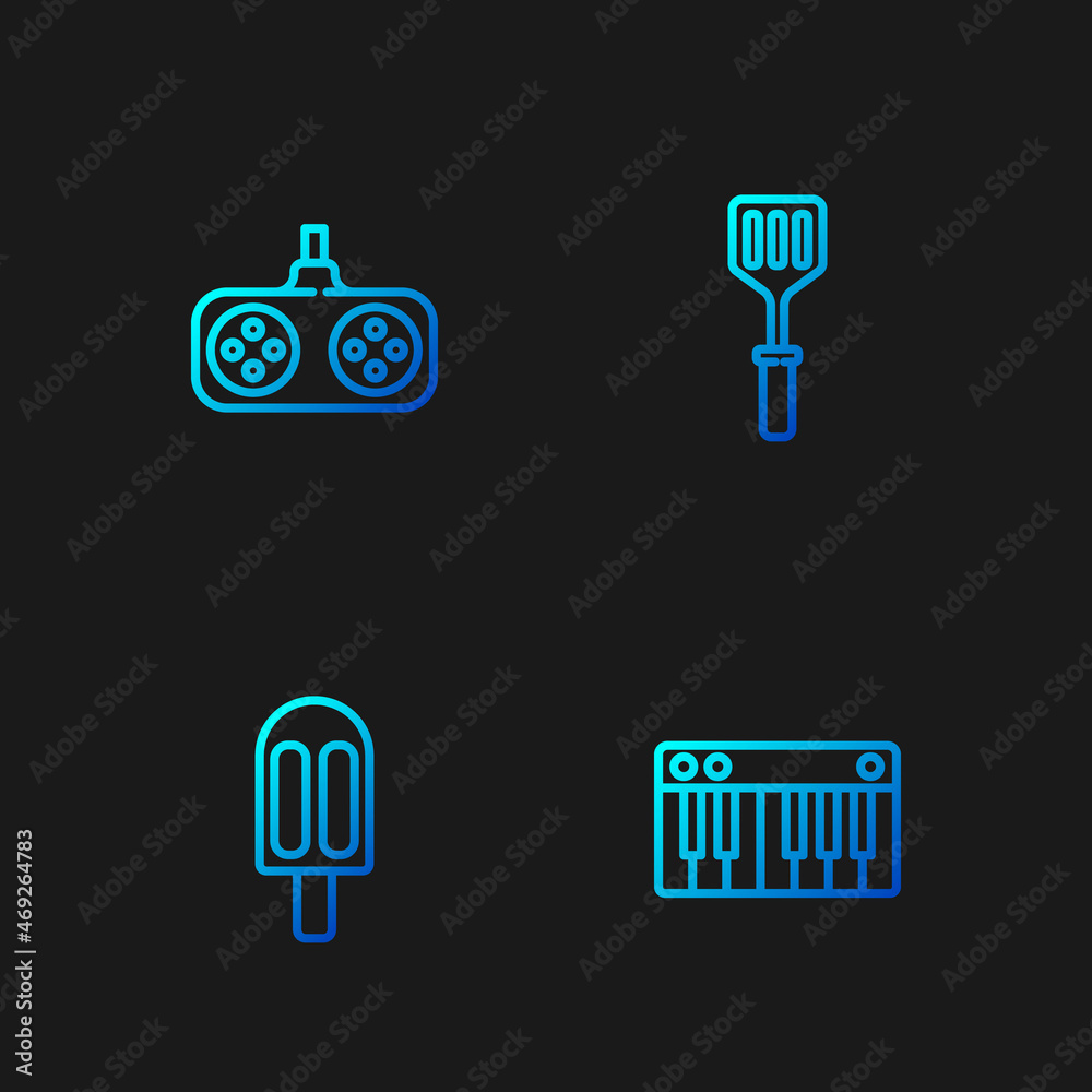 Wall mural Set line Music synthesizer, Ice cream, Gamepad and Spatula. Gradient color icons. Vector