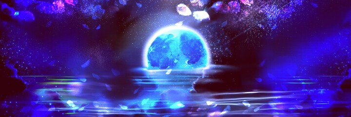 Panorama’s illustration of the blue full moon melting in the night sea beyond falling cherry blossoms petals	