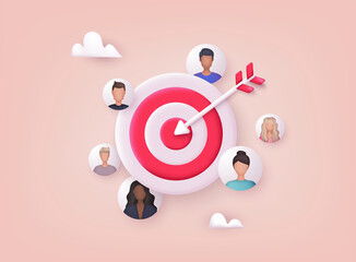 Target customer concept. Customer attraction campaign, accurate promo, advertising. 3D Web Vector Illustrations.