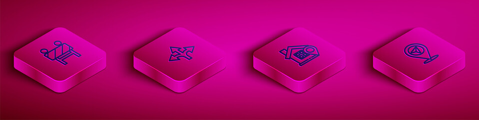 Set Isometric line Road barrier, traffic sign, Location with house and icon. Vector