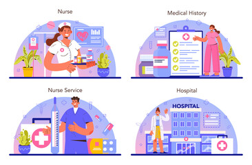 Fototapeta premium Nurse set. Medical assistant, hospital worker taking care of patient.
