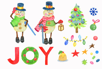Hand drawn watercolor holiday christmas set with cute snowmen,christmas tree,pudding,garland and stars.