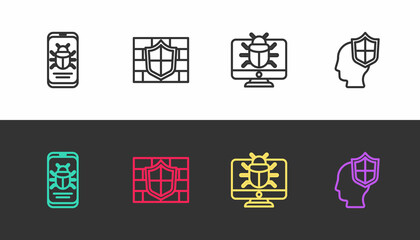 Set line System bug on mobile, Shield with brick wall, monitor and Head shield on black and white. Vector