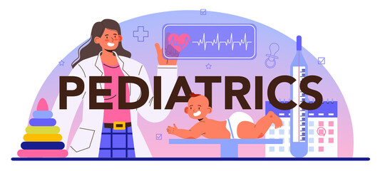 Naklejka premium Pediatrics typographic header. Doctor examining a child with stethoscope