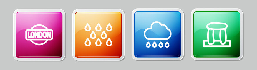 Set line London sign, Water drop, Cloud with rain and Stonehenge. Colorful square button. Vector