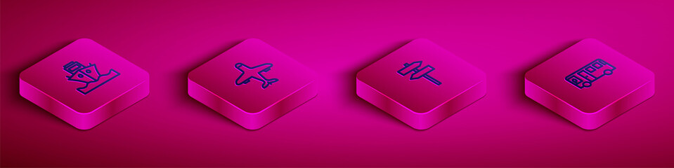 Set Isometric line Cargo ship, Plane, Road traffic signpost and Bus icon. Vector