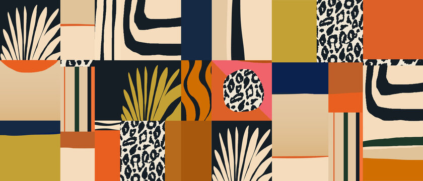 Hand drawn trendy geometric abstract print with leopard skin. Colorful modern collage pattern. 