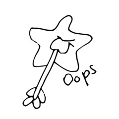 Doodle arrow hits the star and the word oops. Isolated humorous illustration on white background for Valentine's Day.