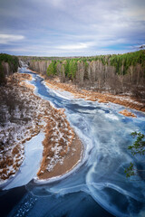 Harsh winter or late autumn nature landscape with wintry river covered with ice going through pine forest with banks coated by dried yellow grass at cloudy frosty day with heavy sky. Vertical image