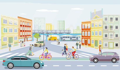 Stadtsilhouette mit Strassenkreuzung in einer Stadt und Menschen auf dem Bürgersteig, Illustration