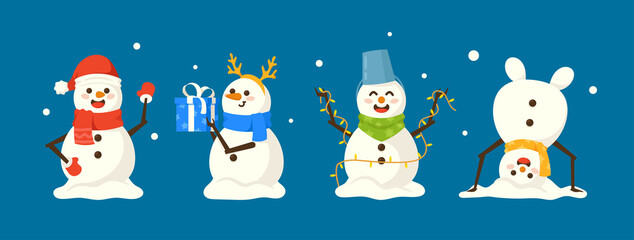 Set of Cute Snowmen Christmas Playful Characters Headstand, Waving Hand, Holding Garland and Gift Box, Snow Men Icons