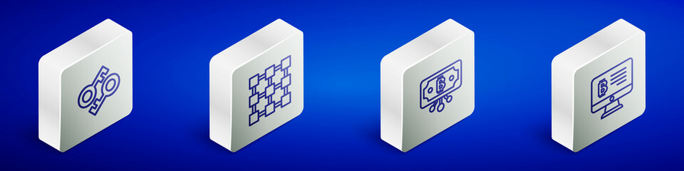 Set Isometric line Cryptocurrency key, Blockchain technology, Bitcoin with circuit and Mining bitcoin from monitor icon. Vector