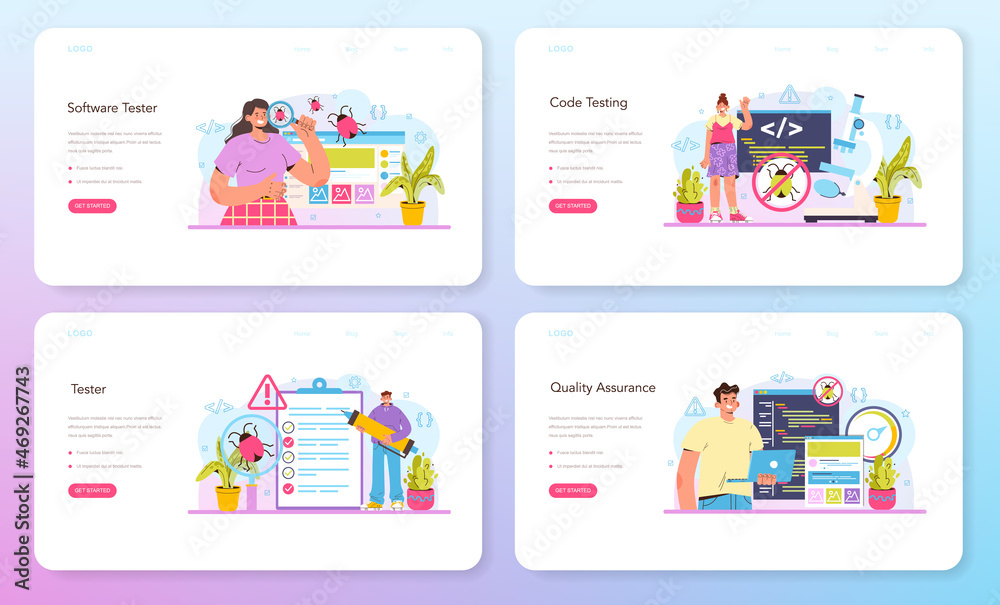Poster software tester web banner or landing page set. application or website