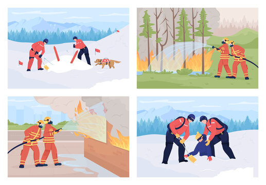 First Responder Service Flat Color Vector Illustrations Set. Avalanche Search. Extinguishing Fires. Rescuers Saving Nature And People 2D Cartoon Characters Collection With Landscape On Background