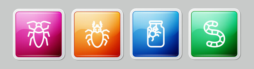 Set line Cockroach, Beetle deer, Spider in jar and Worm. Colorful square button. Vector