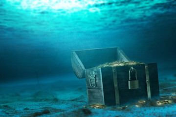 Wooden treasure chest underwater scene
