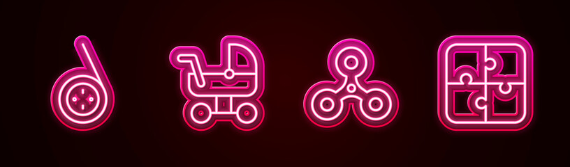 Set line Yoyo toy, Baby stroller, Fidget spinner and Puzzle pieces. Glowing neon icon. Vector