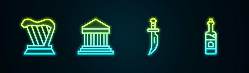 Set line Harp, Parthenon, Dagger and Bottle of wine. Glowing neon icon. Vector