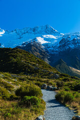 Naklejka na ściany i meble ニュージーランド　アオラキ・マウント・クック国立公園のフッカー・バレー・トラックのトレッキングコースから見える南アルプス山脈のセフトン山