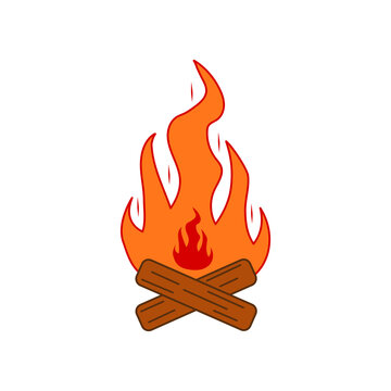 Cartoon illustration on orange bonfire. Cartoon bonfire. Fire in the forest.